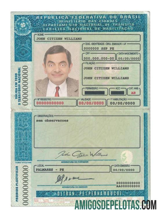 Carteira de Habilitação Brasileira (Detran Pe, Pernambuco) amostra